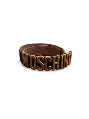 Moschino Black Leather Belt with Gold Lettering for small waist